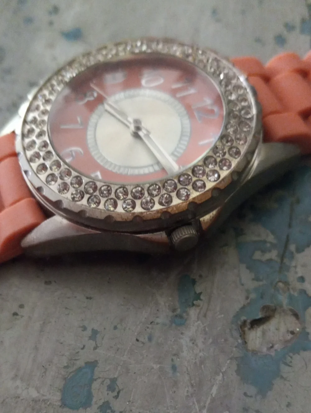 Silver Tone Crystal-Bezel Coral Color Silicone Strap Watch